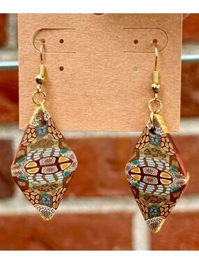 Handmade Polymer Clay Earrings Brown with Funky Designs of Blue and Purple